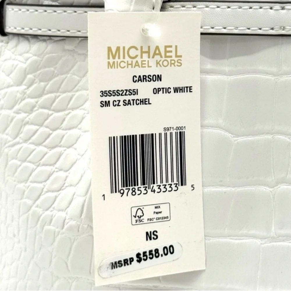 Michael Kors Carson Small Crocodile Embossed Satchel Bag Optic White